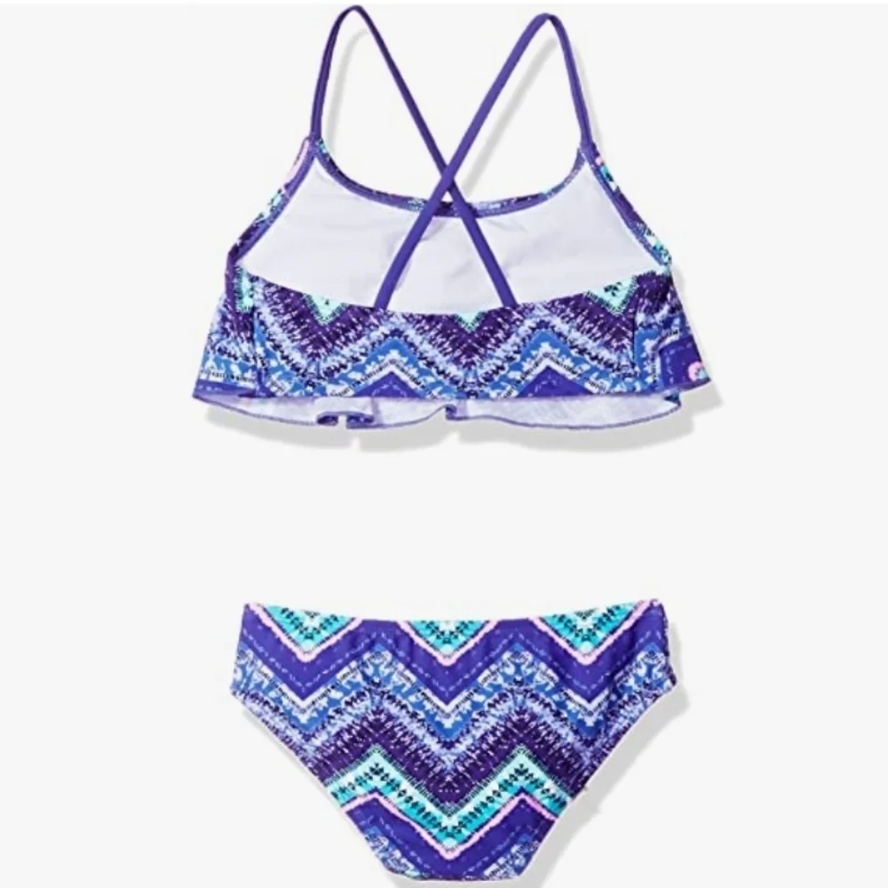 Kanu Surf Alania Flounce Bikini Beach Sport 2 Piece Kirsten Purple Chevron SZ 14